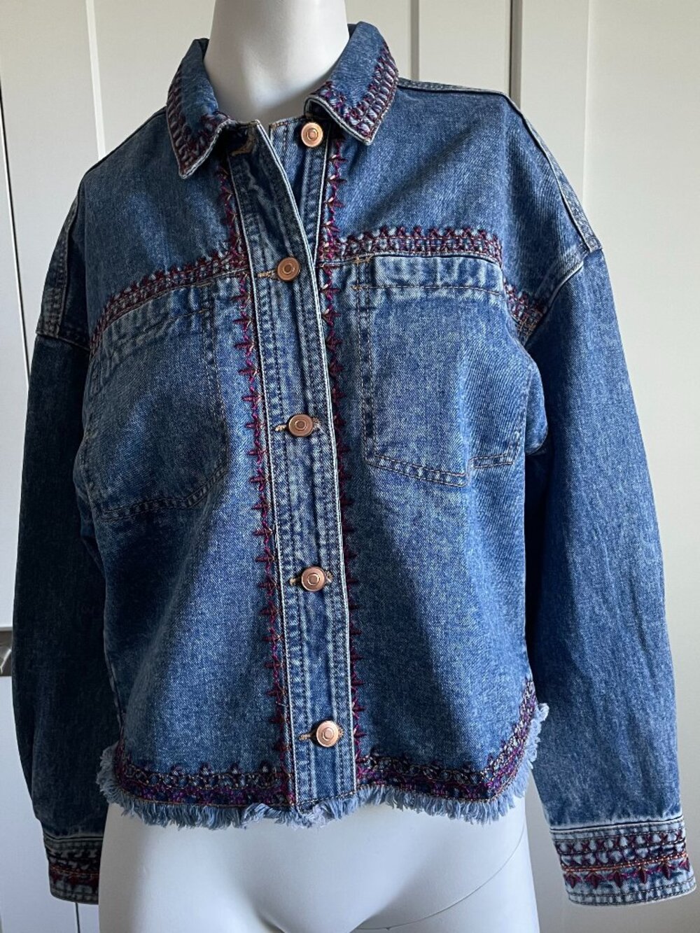 Tribal Strong Blue Modish Legacy Boho Cotton Boxy Style Jean Jacket Blue Sz XS